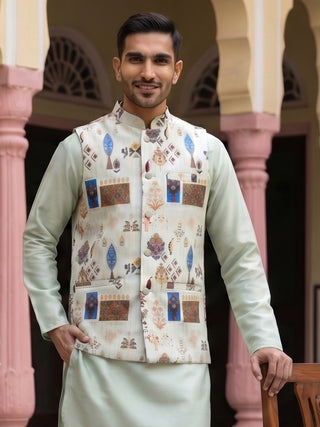Cotton Blend Multicoloured Print Nehru Jacket