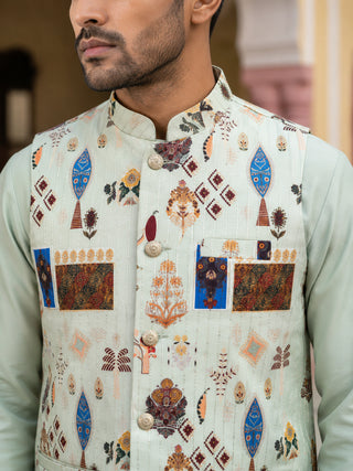 Cotton Blend Multicoloured Print Nehru Jacket