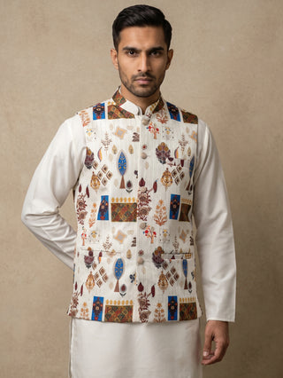 Cotton Blend Multicoloured Print Nehru Jacket