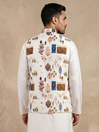 Cotton Blend Multicoloured Print Nehru Jacket