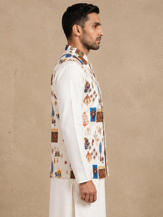 Cotton Blend Multicoloured Print Nehru Jacket