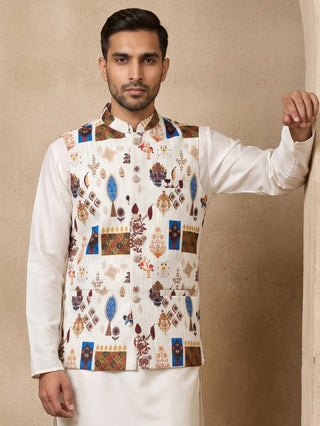 Cotton Blend Multicoloured Print Nehru Jacket
