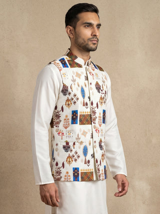 Cotton Blend Multicoloured Print Nehru Jacket