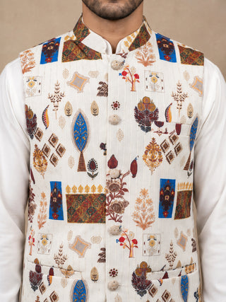 Cotton Blend Multicoloured Print Nehru Jacket