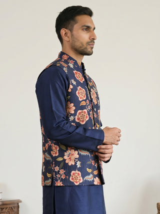 Cotton Blend Floral Printed Nehru Jacket