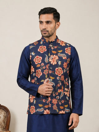 Cotton Blend Floral Printed Nehru Jacket