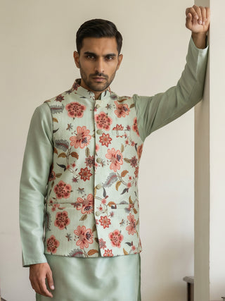 Cotton Blend Floral Printed Nehru Jacket