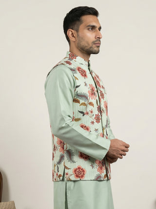 Cotton Blend Floral Printed Nehru Jacket
