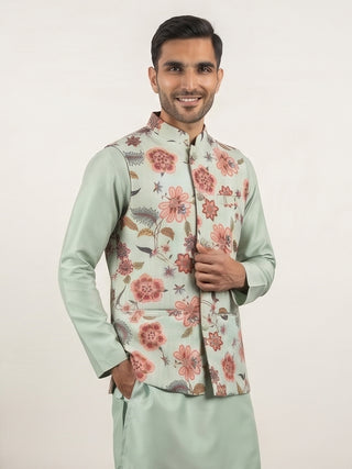 Cotton Blend Floral Printed Nehru Jacket