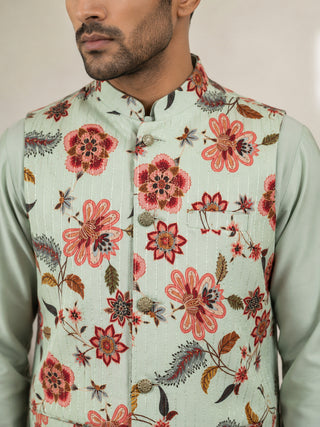 Cotton Blend Floral Printed Nehru Jacket