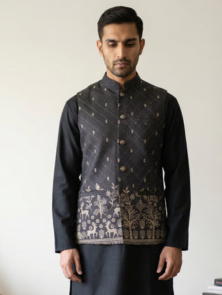 Men's Ethnic Printed Cotton Blend Nehru Jacket