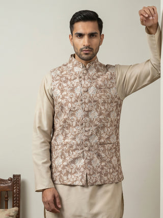 Men Floral Embroidered Cotton Blend Nehru Jacket