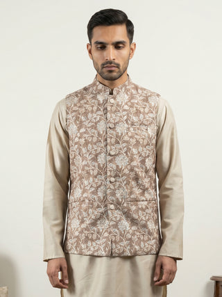 Men Floral Embroidered Cotton Blend Nehru Jacket