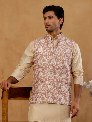 Men Floral Embroidered Cotton Blend Nehru Jacket