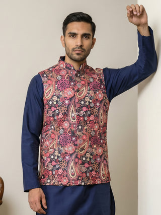 Paisley Floral Printed Cotton Blend Nehru Jacket