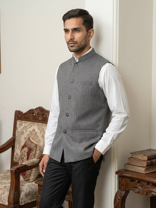 Men's Striped Cotton Blend Nehru Jacket
