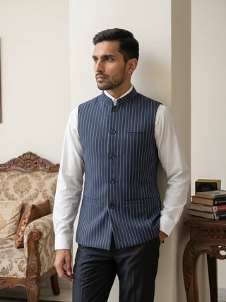 Men's Striped Cotton Blend Nehru Jacket