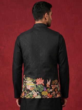 Men's Botanical Printed Silk Blend Nehru Jacket