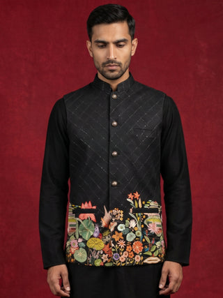 Men's Botanical Printed Silk Blend Nehru Jacket