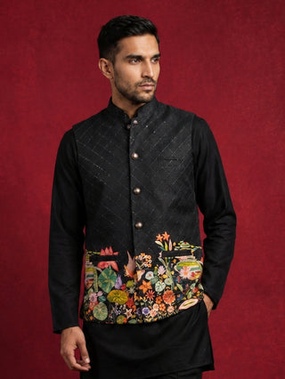 Men's Botanical Printed Silk Blend Nehru Jacket