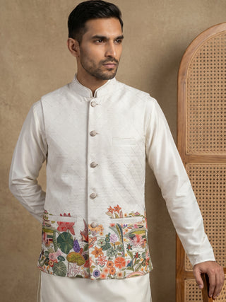 Men's Botanical Printed Silk Blend Nehru Jacket