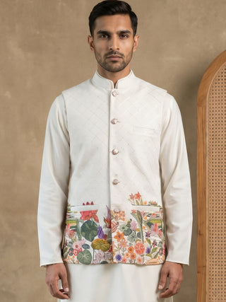 Men's Botanical Printed Silk Blend Nehru Jacket