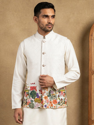 Men's Botanical Printed Silk Blend Nehru Jacket