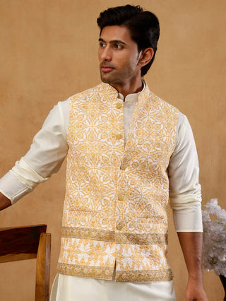 Men's Embroidered Floral Silk Blend Nehru Jacket