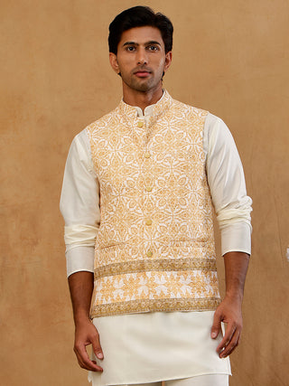 Men's Embroidered Floral Silk Blend Nehru Jacket