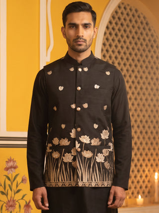 Men Silk Blend Embroidered Nehru Jacket