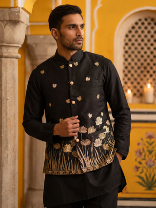 Men Silk Blend Embroidered Nehru Jacket