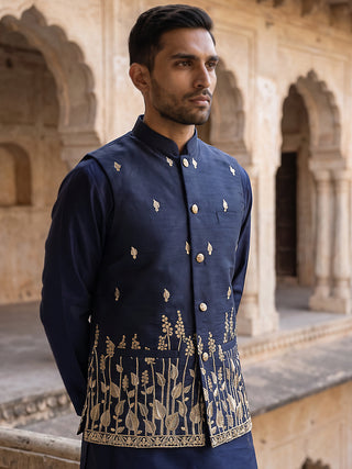 Men Silk Blend Embroidered Nehru Jacket