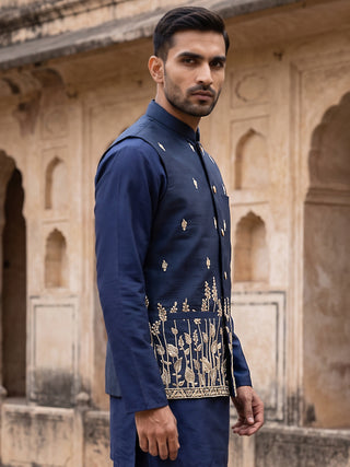 Men Silk Blend Embroidered Nehru Jacket