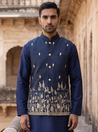 Men Silk Blend Embroidered Nehru Jacket