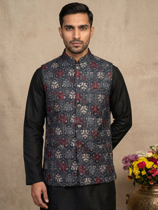 Silk Blend Floral Embroidered Nehru Jacket