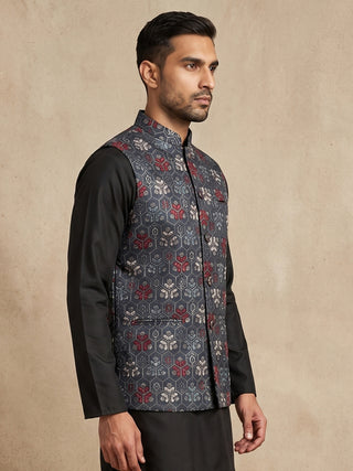 Silk Blend Floral Embroidered Nehru Jacket
