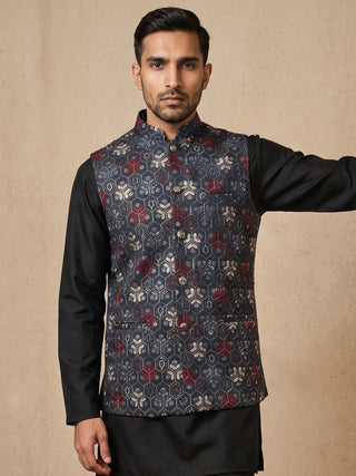 Silk Blend Floral Embroidered Nehru Jacket
