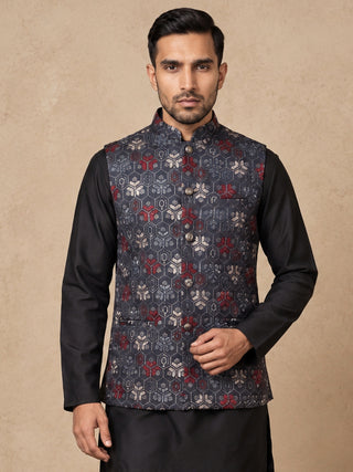 Silk Blend Floral Embroidered Nehru Jacket