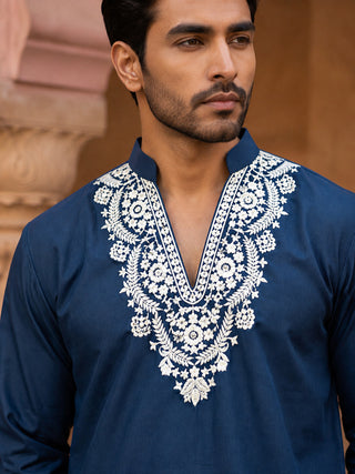 Cotton Blend Embroidered Kurta with Korean Pants
