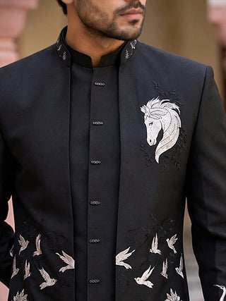 Silk Blend Horse & Crane Embroidered Indo-Western Set