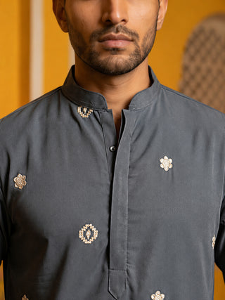 Men's Japanese Fabric Embroidered Kurta with Korean Pants Set