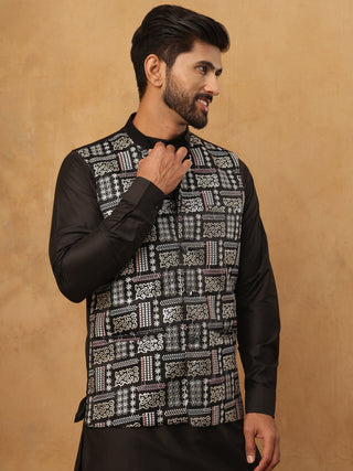 Embroidered Nehru Jacket Set with Solid Kurta Pyjama
