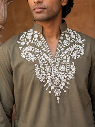 Embroidered Cotton Blend Kurta with Korean Pants