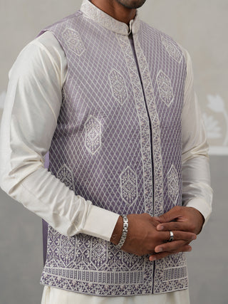 Purple Silk Blend Embroidered Nehru Jacket