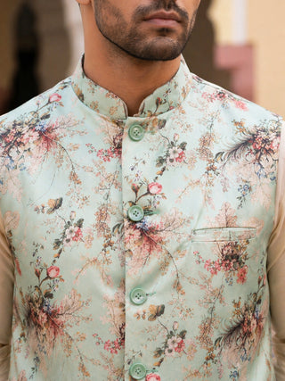 Men's Silk Blend Kurta Set with Printed Nehru Jacket