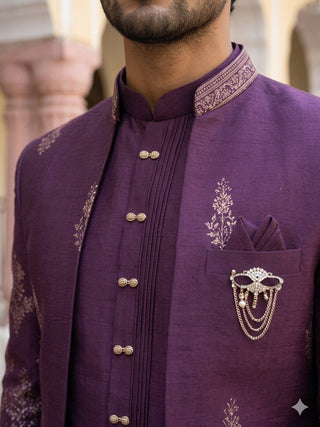 Men's Silk Blend Embroidered Indo-Western Set