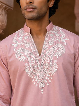 Embroidered Cotton Blend Kurta with Korean Pants