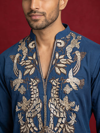 Men's Japanese Fabric Embroidered Kurta with Korean Pants Set