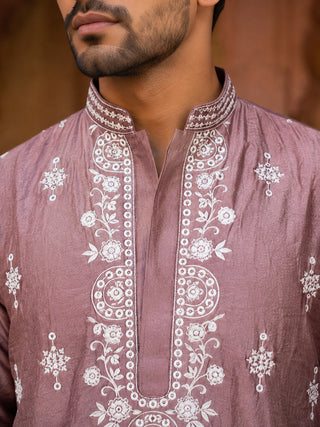 Silk Blend Embroidered Kurta with Korean Pants