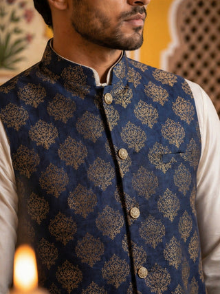 Men's Navy Blue Printed Nehru Jacket With Solid Kurta Pyjama